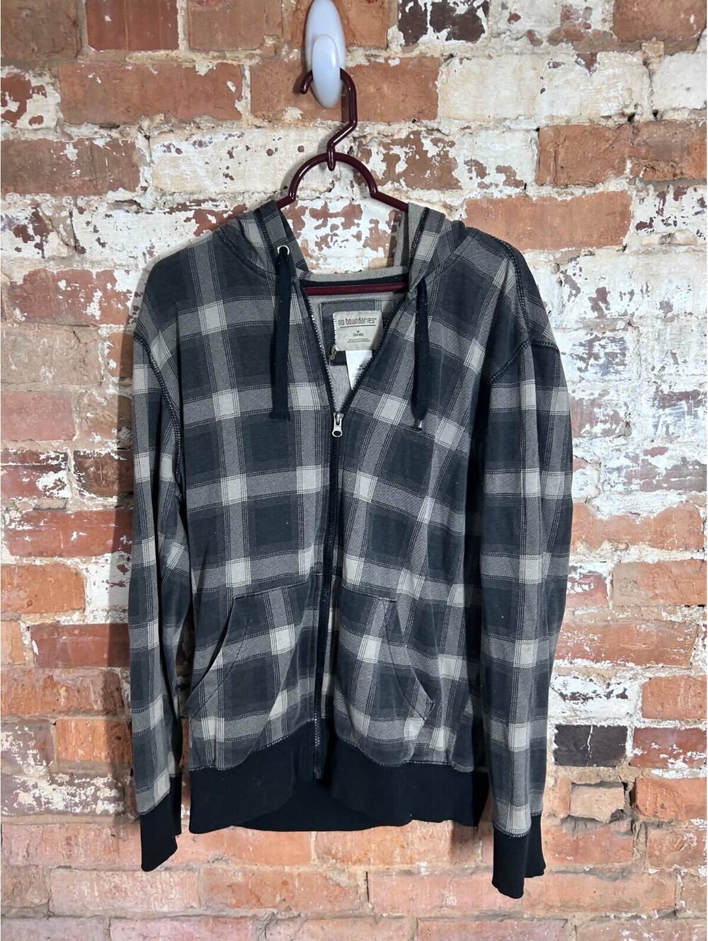 No Boundaries Hooded Trucker Jacket Black/Gray Plaid Zipup Hoodie Mens M